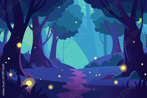 Enchanting forest path illuminated by glowing fireflies at twilight with mystical trees and a serene atmosphere