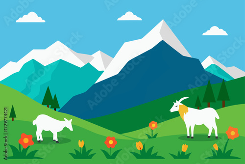Charming flat design illustration of two goats grazing in a lush green meadow with snow capped mountains and flowers under a blue sky