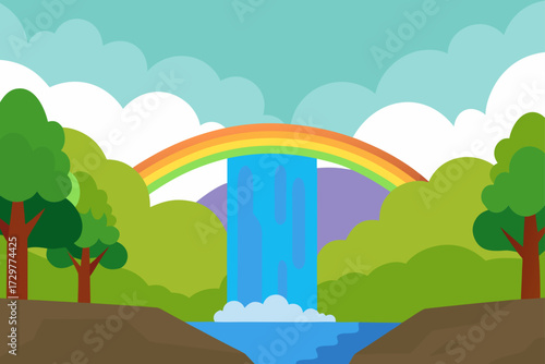 Vibrant cartoon landscape featuring a majestic waterfall cascading into a blue pool with a colorful rainbow arching over the scene and lush green trees on either side under a sky with fluffy clouds