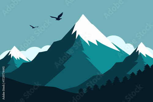 Stylized minimalist mountain landscape with snow capped peaks evergreen trees and birds soaring in a clear blue sky