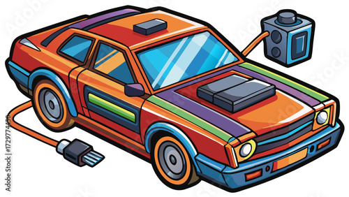Cartoon Car with Futuristic Control Box and Charging Cable Connection