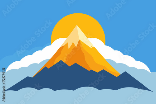 Stylized illustration of a majestic mountain peak bathed in the warm glow of a rising sun behind fluffy white clouds against a clear blue sky