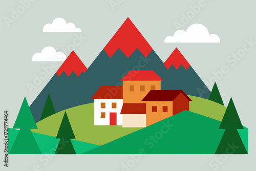 Charming village nestled in a valley with vibrant red mountains and lush green hills under a cloudy sky flat design illustration