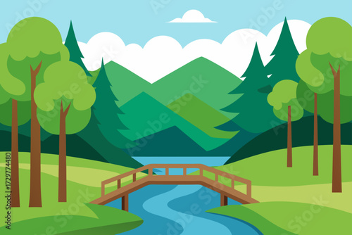 A charming flat design illustration of a serene landscape with rolling green hills a winding blue river a wooden bridge and lush trees under a cloudy sky