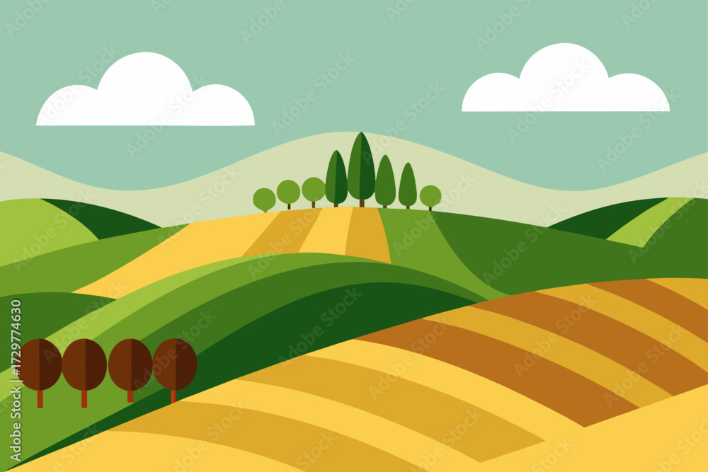 Obraz premium Stylized flat illustration of rolling green hills and golden fields under a soft blue sky with white clouds and trees