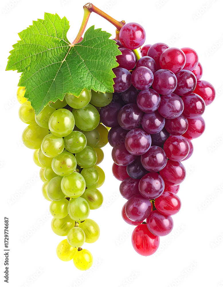Fototapeta premium Two bunches of grapes, one green and one red, on a stem with leaves