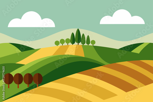Stylized flat illustration of rolling green hills and golden fields under a soft blue sky with white clouds and trees