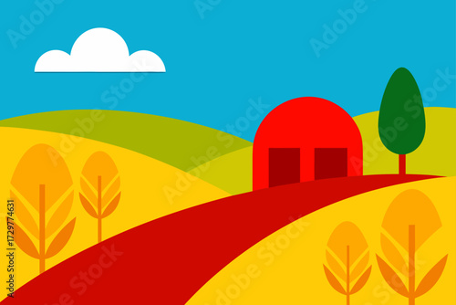 Vibrant stylized landscape with red barn rolling hills autumn trees and a winding path under a blue sky