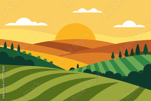 Stylized flat illustration of rolling green hills and fields under a warm orange sunset sky with a large sun and fluffy clouds