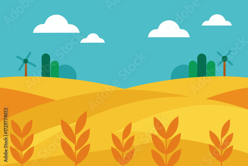 Stylized illustration of a golden wheat field under a bright blue sky with fluffy white clouds and distant windmills and trees