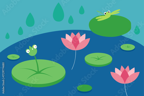 Cute cartoon frog and dragonfly on lily pads in a pond with pink lotus flowers and raindrops