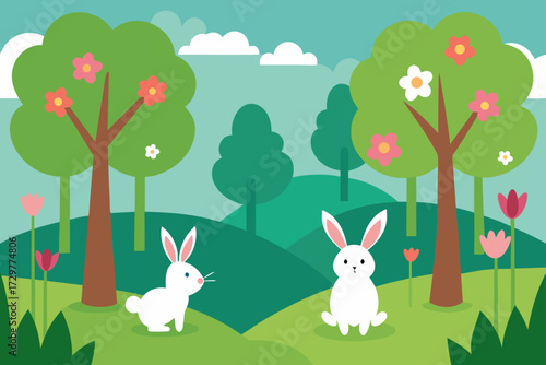 Cute cartoon white rabbits sitting in a lush green meadow with blooming flowers and trees under a sky with fluffy clouds