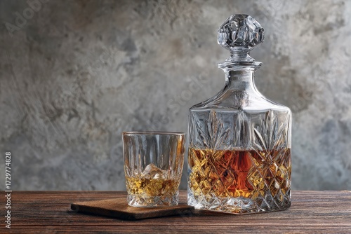 A decanter filled with amber liquid sits on a wooden table next to a glass containing a similar beverage and ice