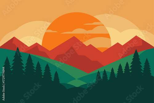 Vibrant minimalist mountain landscape with a large sun setting behind jagged red peaks and silhouetted pine trees