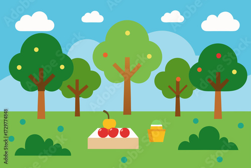 Flat design illustration of a cheerful summer picnic scene with trees clouds and fruit on a blanket