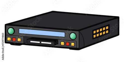 Cartoon illustration of a black VCR on a white background