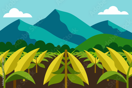 Vibrant flat illustration of a lush green farm field with yellow crops and majestic blue mountains under a clear sky with white clouds