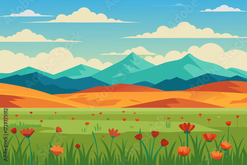 Vibrant landscape with rolling hills distant mountains and a field of red poppies under a cloudy blue sky