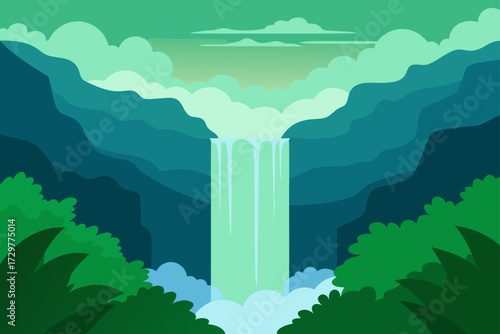 Serene waterfall cascading down lush green cliffs amidst misty clouds in a vibrant tropical landscape