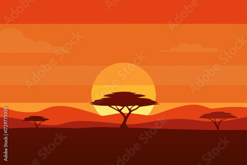 Vibrant african savanna landscape at sunset with silhouetted acacia trees and rolling hills under a warm orange sky