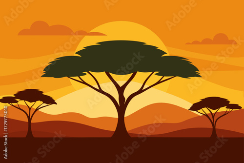 Stylized african savanna landscape with acacia trees silhouetted against a warm vibrant sunset sky with rolling hills