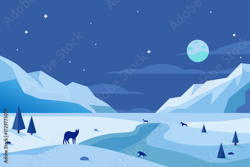 Serene winter landscape at night with a full moon stars snow covered mountains and silhouetted animals in a frozen wilderness