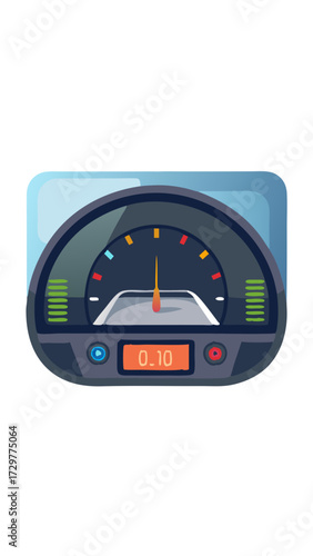 Cartoon illustration of a car dashboard with speedometer and mileage indicator