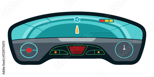 Cartoon depiction of an futuristic vehicle dashboard interface with retro design