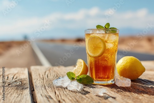 Iced tea in glass with lemon  mint on wooden table near open road under a blue sky
