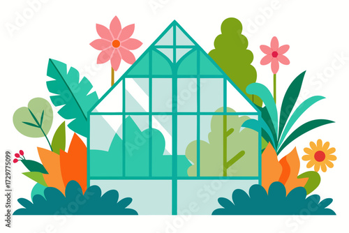 Vibrant greenhouse surrounded by lush greenery and colorful flowers in a flat design style