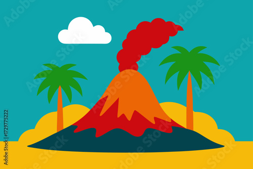 Cartoon illustration of an active volcano erupting with smoke and lava on a tropical island with palm trees and a cloud