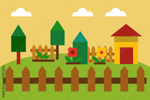 Charming flat design illustration of a stylized garden scene with a house trees flowers and fences under a yellow sky with clouds