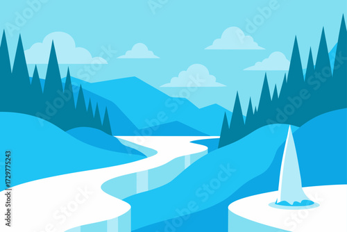 Serene winter landscape with snow covered mountains pine trees and a winding frozen river flowing through blue hills under a cloudy sky