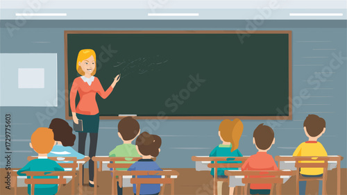 黒板に文字を書く女性教師のフラットイラスト