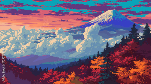 色彩豊かな富士山と秋の風景