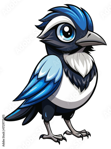 Adorable cartoon blue jay illustration with exaggerated eyes and playful design