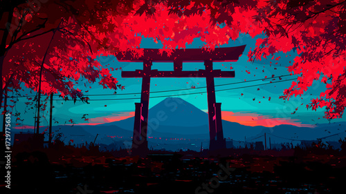 未来的な鳥居とネオンに光る富士山の幻想的な風景イラスト