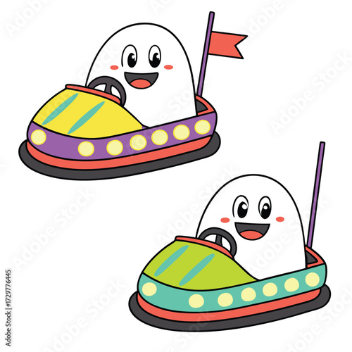 Happy cartoon ghosts joyfully drive bumper cars with colorful designs on a white background
