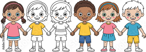 Cartoon children holding hands, diverse kids standing together, friendship, teamwork, unity, school illustration, coloring book style, childhood diversity, education drawing