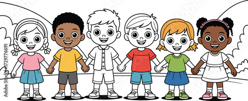Cartoon children holding hands outdoors, diverse kids standing together, unity, teamwork, friendship, education, coloring book style, happy childhood illustration