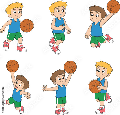 Cartoon kids playing basketball, boys dribbling, shooting, dunking ball, wearing sports clothes, fun activity, vector illustration for children sports