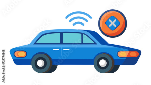 A cartoon blue autonomous car is displayed with wireless connectivity and sensor