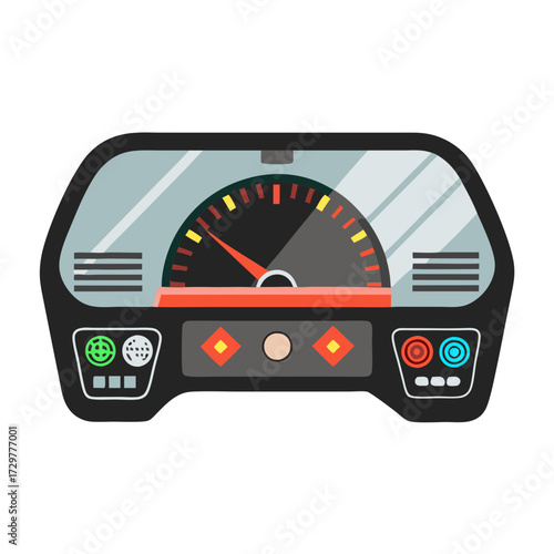 Stylized Cartoon Car Dashboard with Colorful Gauges and Classic Design Elements