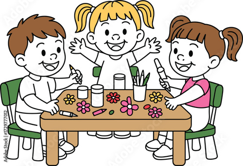 Happy cartoon kids doing art and crafts, drawing flowers, coloring with markers, sitting at table, fun creative activity illustration