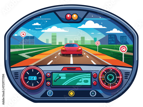 Dashboard view driving towards city with red car and roadside signs