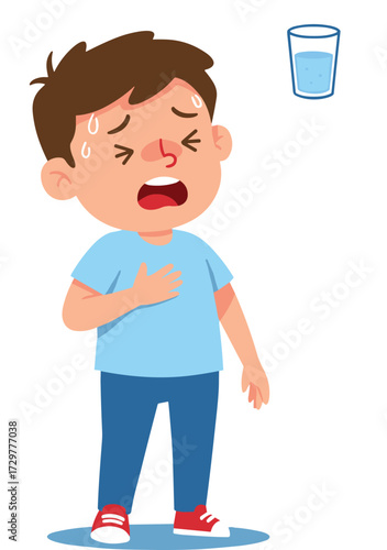 Thirsty boy cartoon illustration, crying child asking for water, dehydrated kid sweating, sad character, hot summer heat, hydration problem