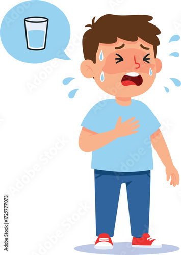 Thirsty crying boy cartoon illustration, dehydrated child asking for water, sweating, emotional kid character, hot summer heat, drinking problem, hydration