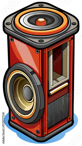 Cartoon style illustration of a bright orange, square subwoofer speaker box