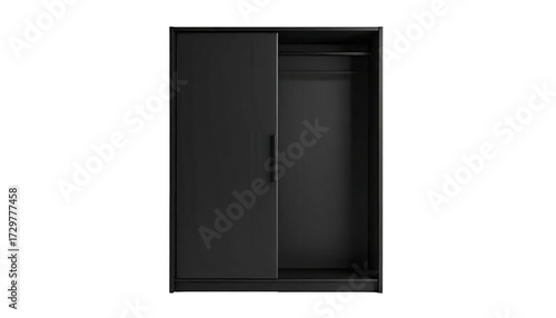 A modern, minimalist wardrobe with a sliding door and open compartment is featured, rendered in a sleek, matte black color against a stark black backdrop, highlighting the clean lines and...