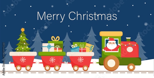 Christmas toy train with Santa and gift boxes dark